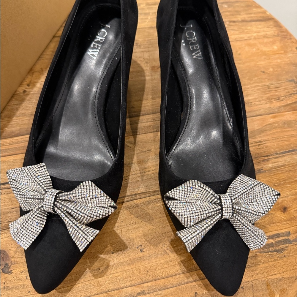 J. Crew Black Heels with Silver Embellished Bow
